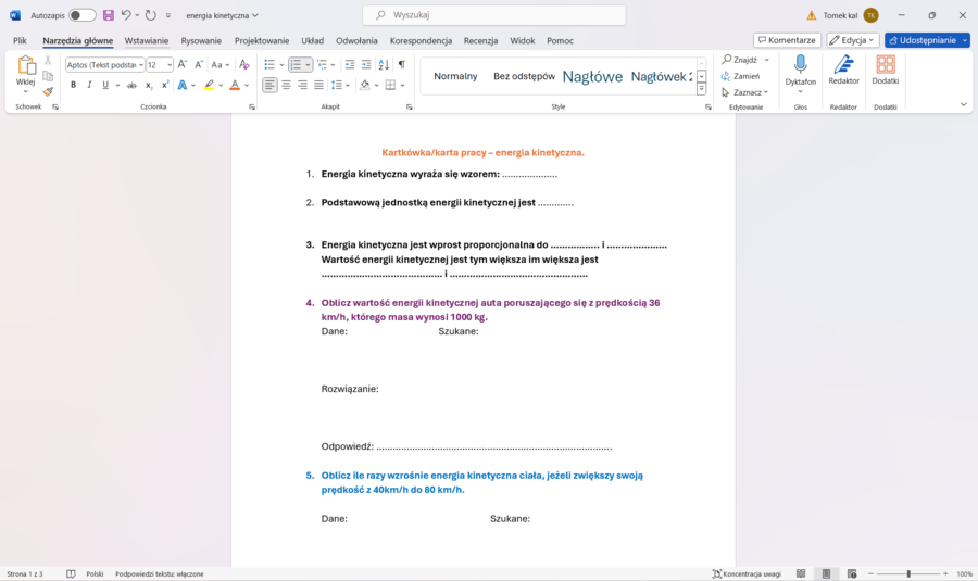Karta pracy/kartkówka ENERGIA KINETYCZNA