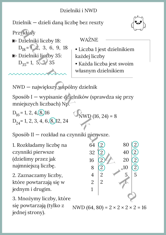 Dzielniki i NWD - notatka