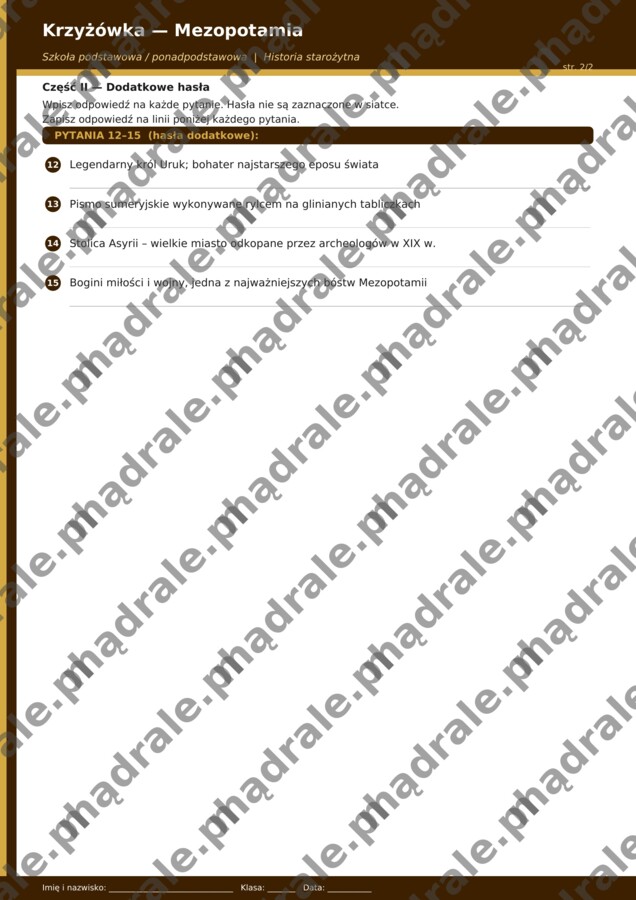 KRZYŻÓWKA "MEZOPOTAMIA" KARTA PRACY + KLUCZ ODPOWIEDZI