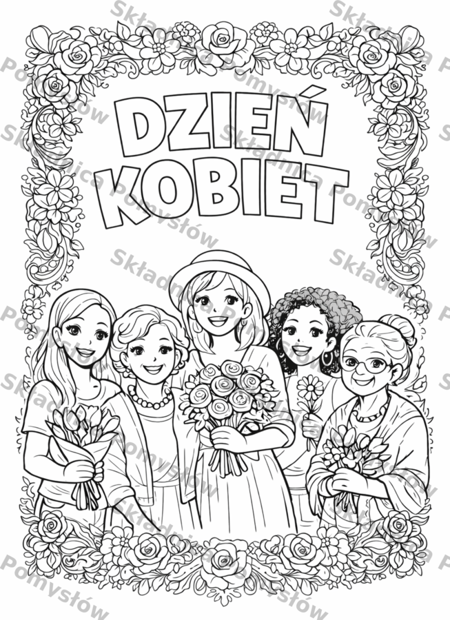 DZIEŃ KOBIET – kolorowanka do druku XXL (6 stron A4) + miniatura A4; dekoracja; gazetka