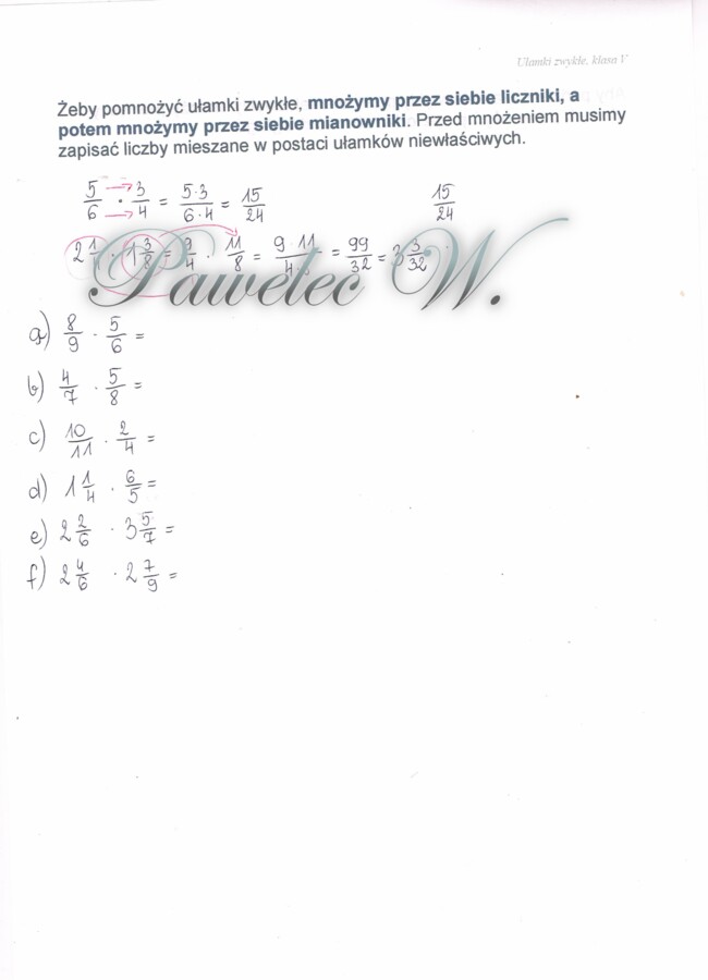 Mnożenie ułamków zwykłych - plakat z wyjaśnieniem i przykładami