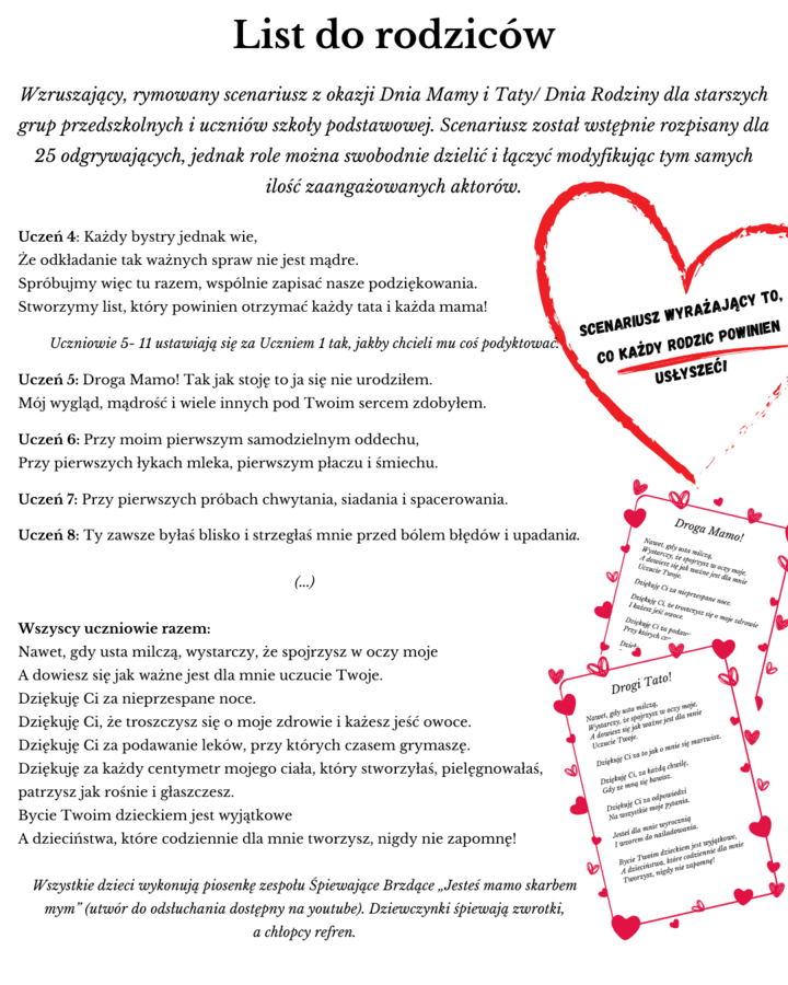 Scenariusz Dnia Mamy i Taty/ Dnia Rodziny "List"