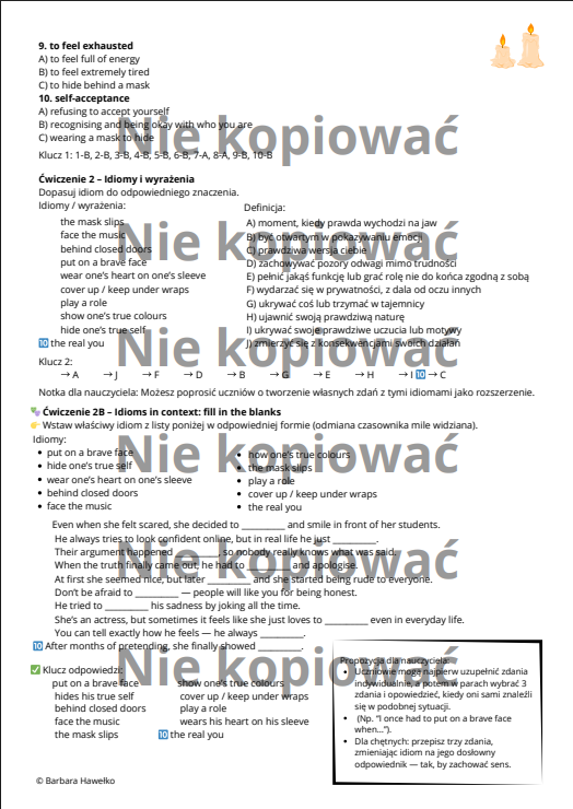 Karta pracy z czytanką "The Secret Behind the Mask" słownictwo: emocje i osobowość B1
