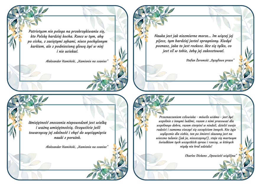 ZŁOTE MYŚLI z lektur szkolnych - fiszki - 48 szt. - CYTATY - lektury z kl. 7-8 - 2 wersje