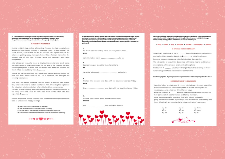 VALENTINE'S DAY:  Egzamin Ósmoklasisty z języka angielskiego na Walentynki  | Arkusz E8 + Answer Key | Poziom A2-B1