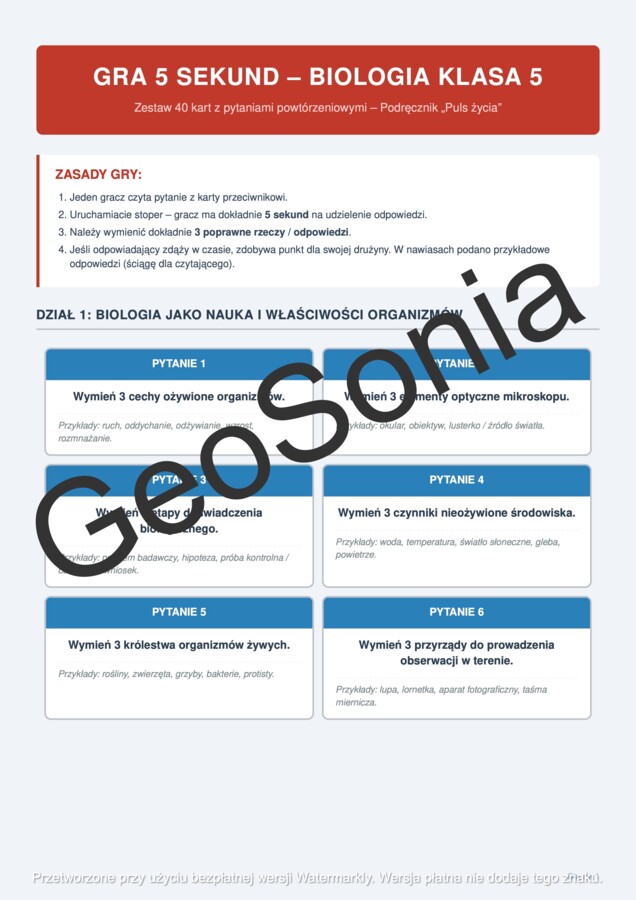 Gra 5 sekund biologia klasa 5 powtórka cały rok