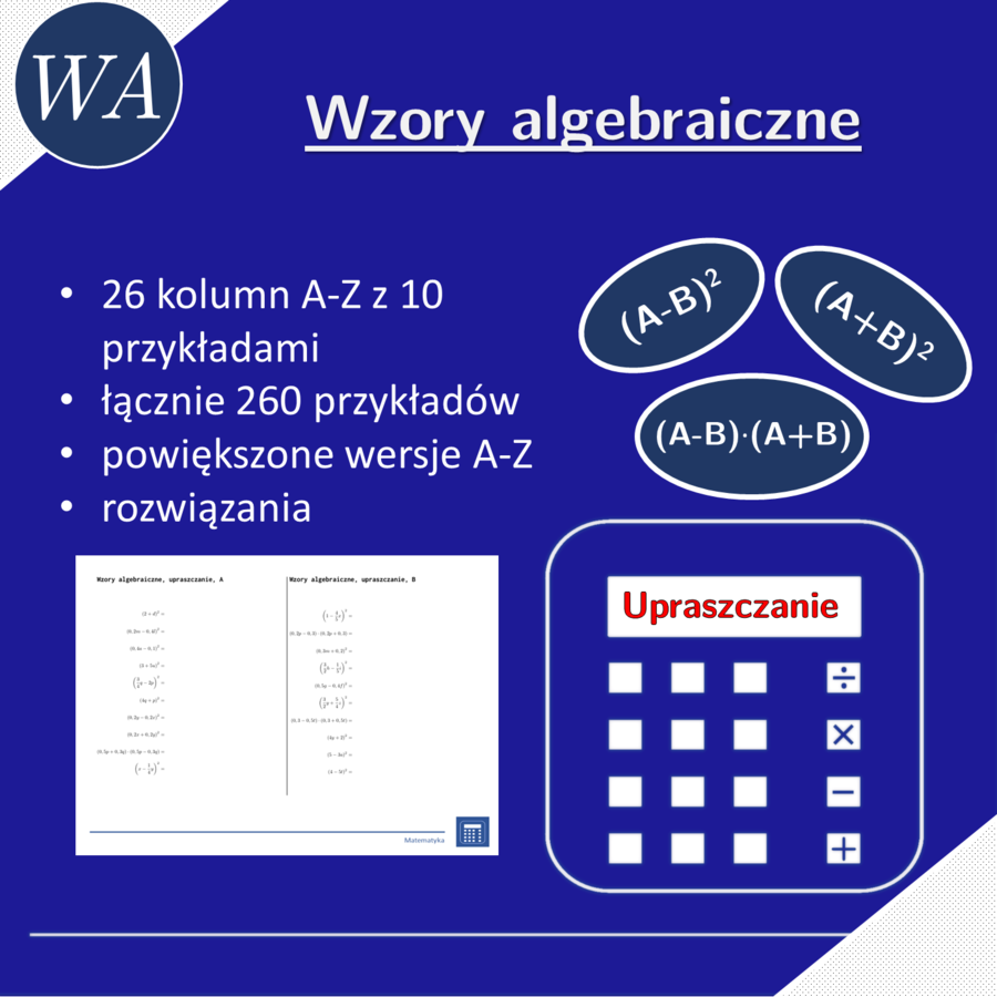 Wzory algebraiczne, upraszczanie | matematyka, algebra | 26 kolumn