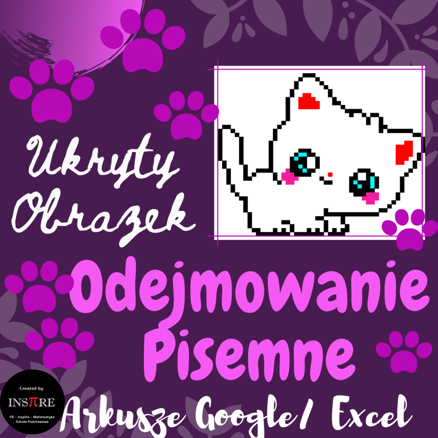 Odejmowanie Pisemne - Kotek - UKRYTY OBRAZEK w Arkuszach Google, Excelu (edytowalny).