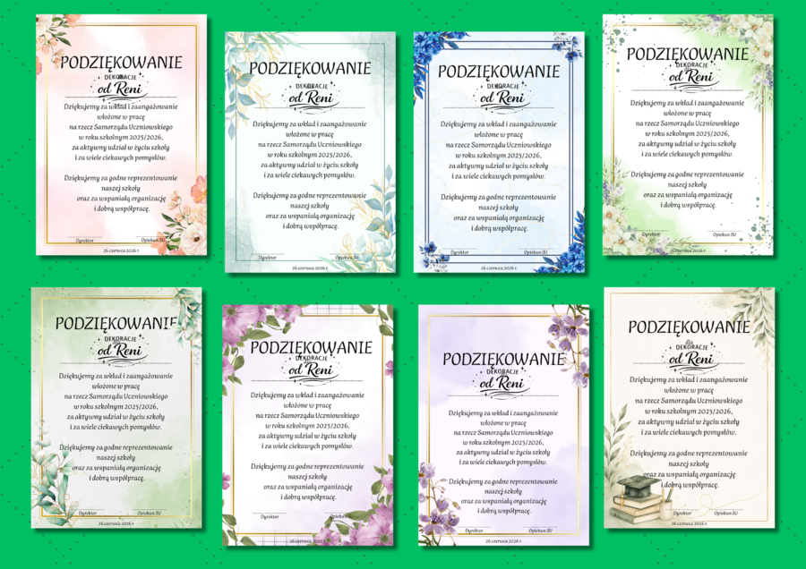 Podziękowanie dla Samorządu Uczniowskiego – 15 wzorów A4 (PDF)