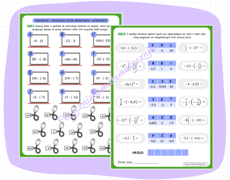 Karta pracy lub kartkówka - mnożenie i dzielenie liczb dodatnich i ujemnych.
