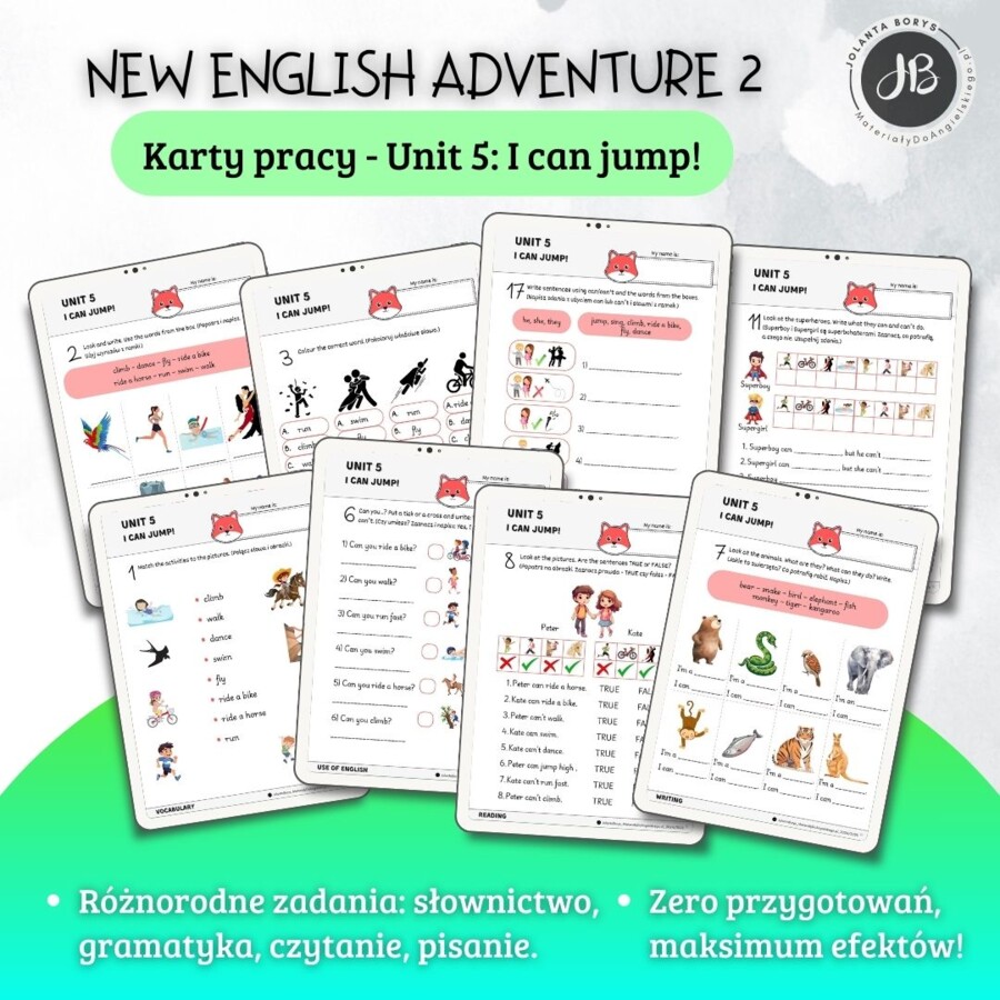 New English Adventure 2 – Unit 5: I can jump! – Karty pracy dla klasy 2