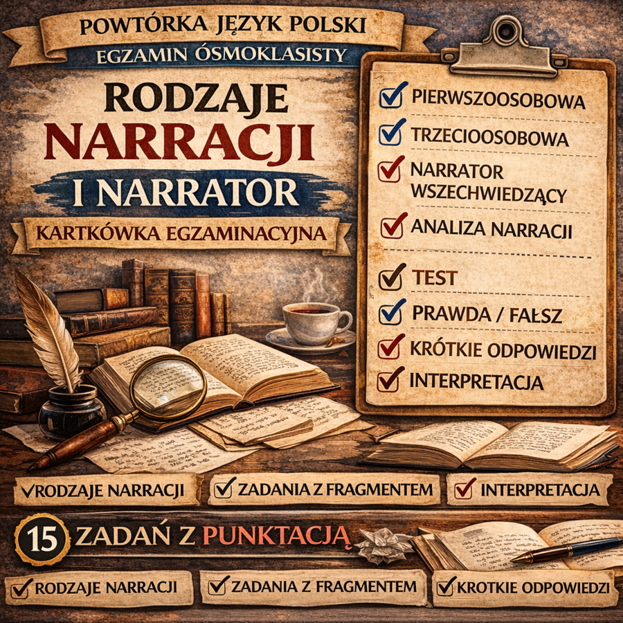 📚 Rodzaje narracji i narrator – kartkówka egzaminacyjna | powtórka przed egzaminem ósmoklasisty (15 zadań)