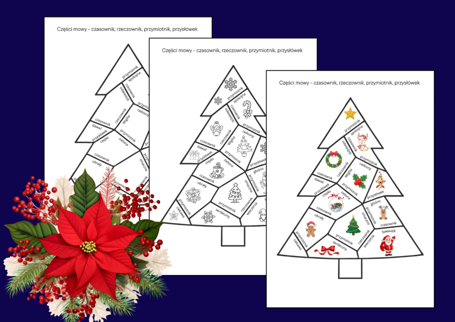 🎄 Świąteczne puzzle – choinka: CZĘŚCI MOWY  (czasownik, rzeczownik, przymiotnik, przysłówek) 🎄