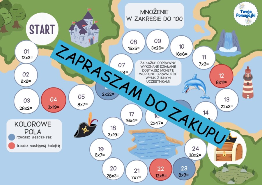 Działania w zakresie do 100 (dodawanie, odejmowanie, mnożenie, dzielenie) - 4 plansze do gry "Poszukiwacze skarbów".
