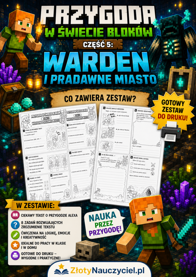 Przygoda w świecie bloków – Warden i pradawne miasto (część 5) | Opowiadanie + karty pracy + malowanki
