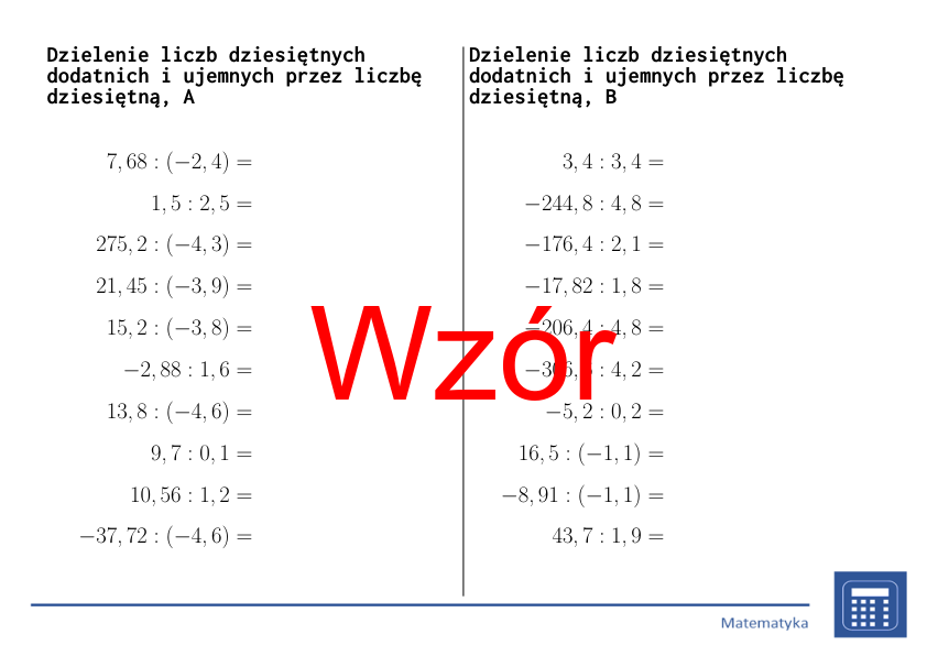 Dzielenie liczb dziesiętnych dodatnich i ujemnych przez liczbę dziesiętną | matematyka | 26 kolumn