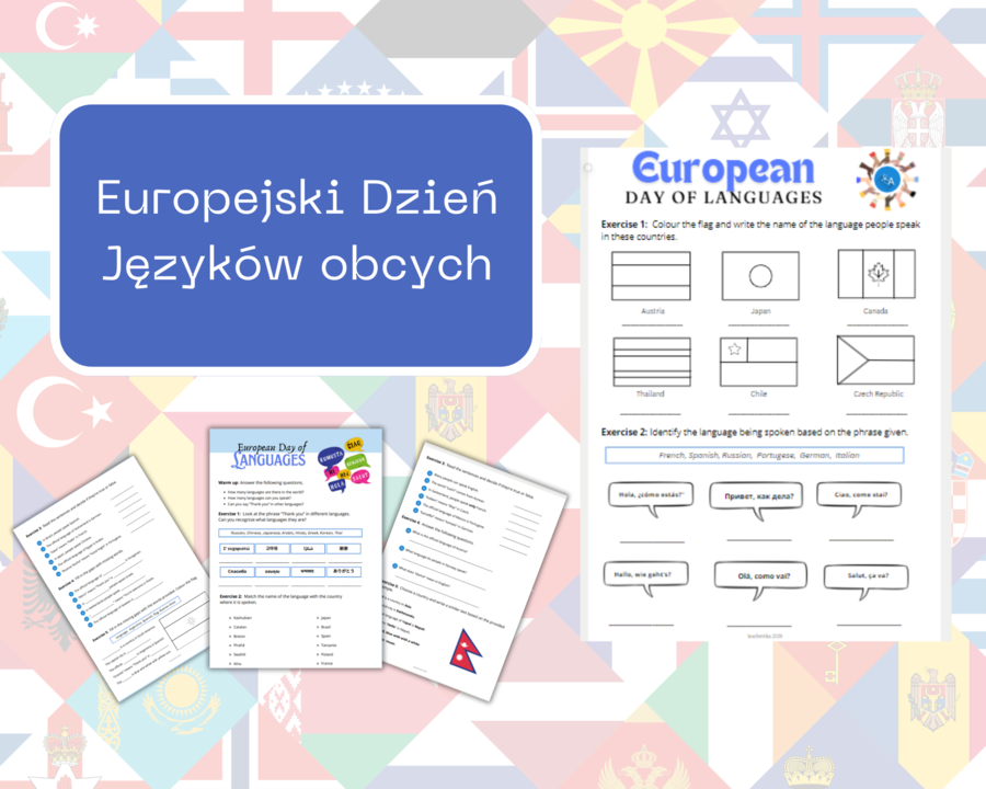 European Day of Languages Worksheet - Europejski Dzień Języków obcych - karta pracy, języka angielski, poziom podstawowy, edukacja różnojęzyczna i wielokulturowa