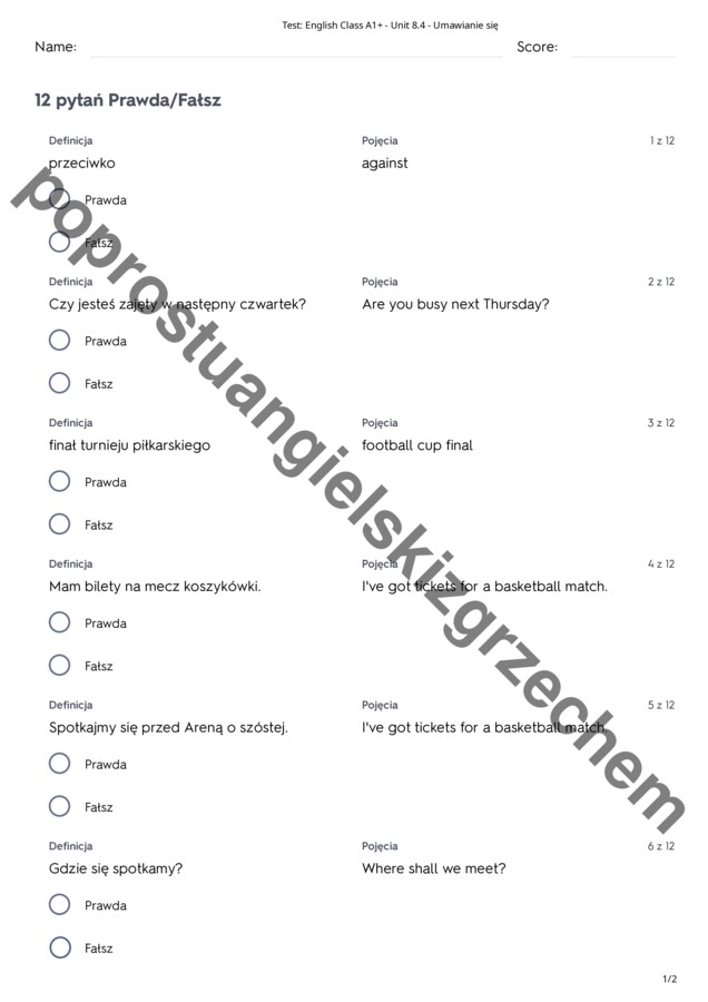 English Class A1+ - Unit 8 - testy