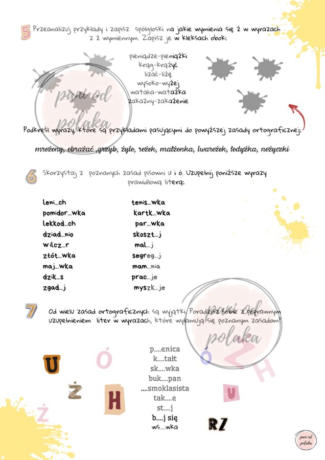 Kartkówka ortograficzna z ó, u, rz, ż, ch, h