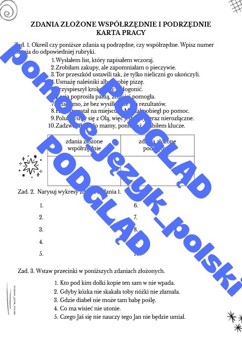 Zdania złożone współrzędnie i podrzędnie - karta pracy