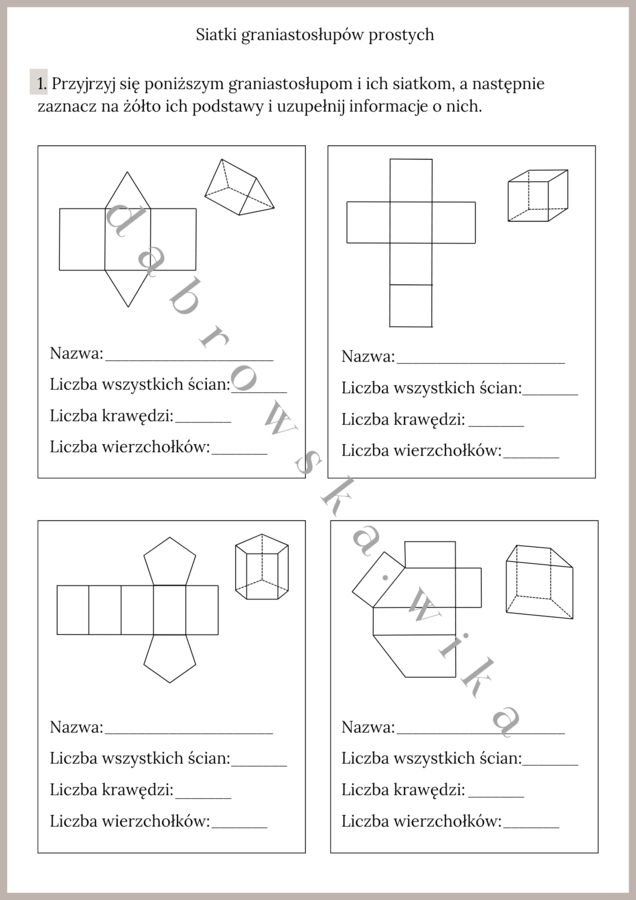 Siatki graniastosłupów prostych - karta pracy