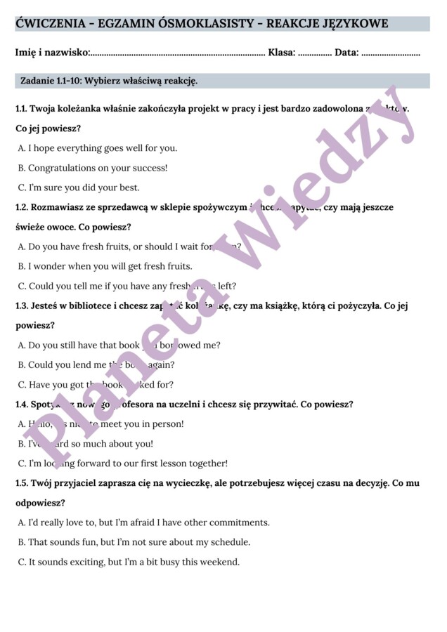 REAKCJE JĘZYKOWE - Zbiór zadań do egzaminu ósmoklasisty z języka angielskiego. Poziom A2/A2+ - codzienne sytuacje, uzupełnianie dialogów, tłumaczenie, dopasowywanie pytań