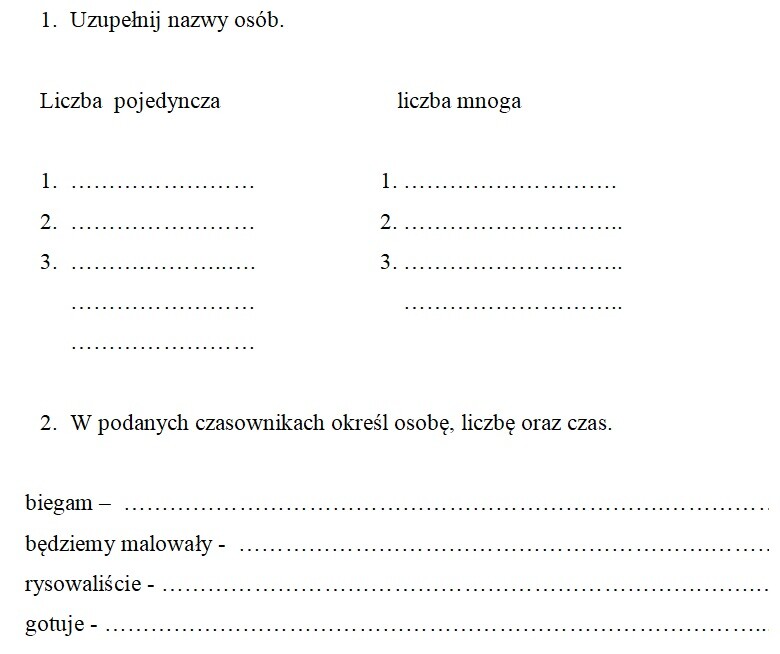 Odmiana czasownika - kartkówka, karta pracy