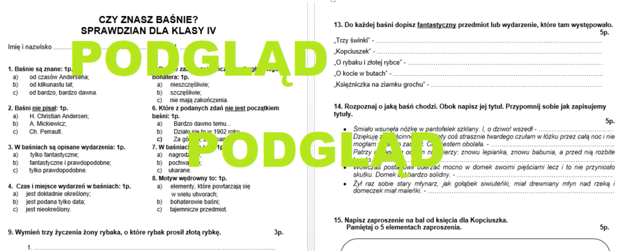 Baśnie - sprawdzian dla klasy 4
