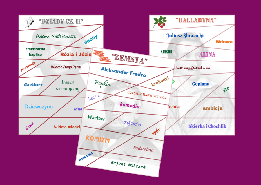 DRAMAT - lektury z kl. 7-8 - "Balladyna", "Dziady cz. II" i "Zemsta" - puzzle - układanka - powtórka