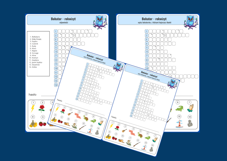 BOHATEROWIE - lektury - KRZYŻÓWKA obrazkowa - kl. 7-8 - powtórka