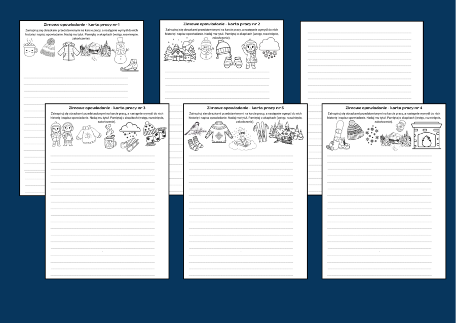 ZIMOWE OPOWIADANIE – 5 kart pracy – kl. 4-6 – ćwiczenia redakcyjne – zima – ikonki - wersja czarno-biała