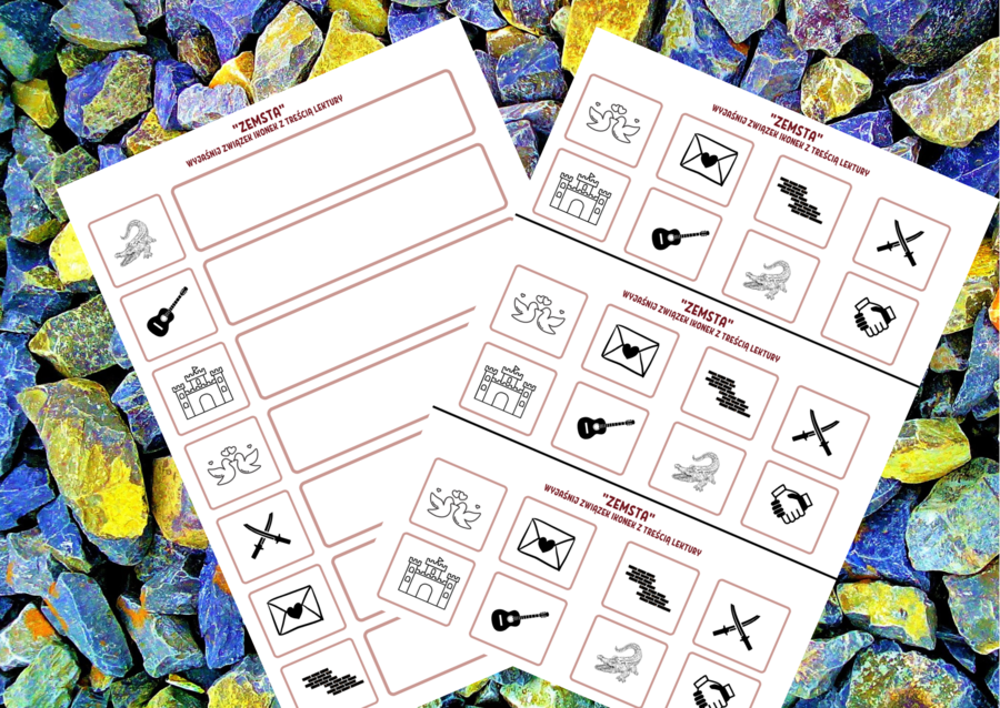 "ZEMSTA" – ikonki – wklejki – karta pracy – lektury 7-8