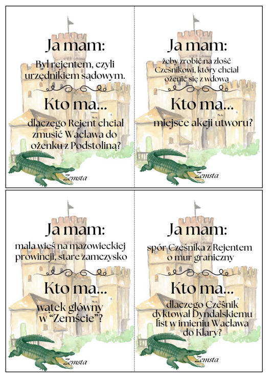 Karty Ja mam, Kto ma? Zemsta A. Fredry, egzamin ósmoklasisty