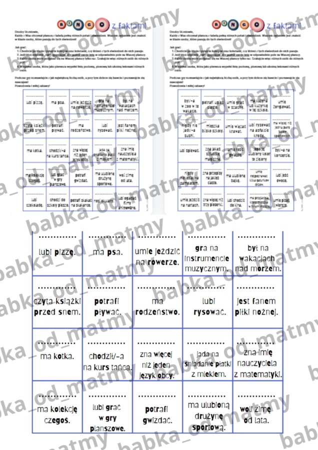 BINGO Z FAKTAMI - przełam lody na początku roku szkolnego!