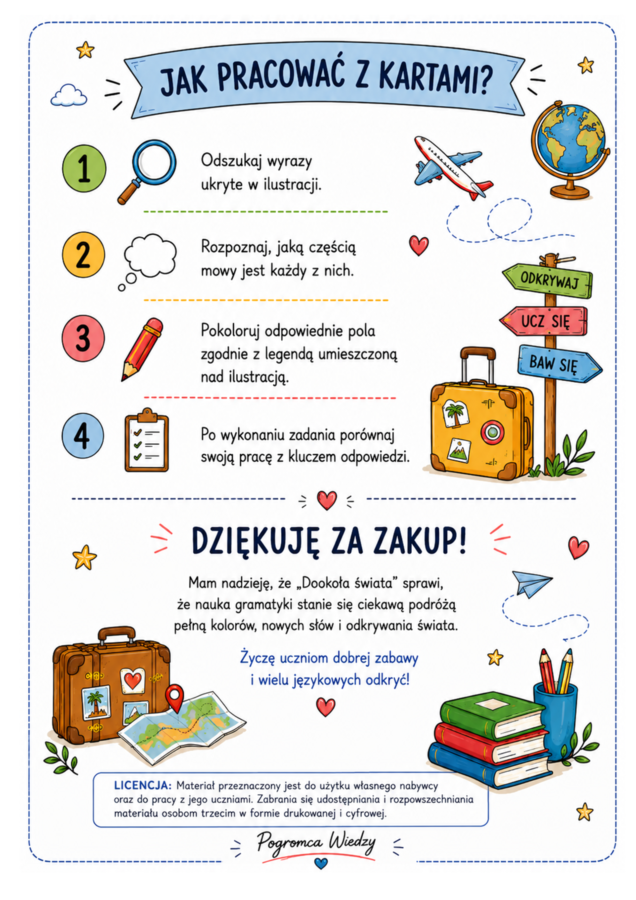 Dookoła świata – części mowy | Pakiet 10 kart pracy z kluczami odpowiedzi