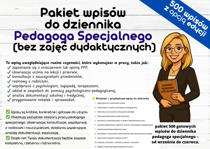 Pedagog Specjalny - wpisy do dziennika - bez zajęć dydaktycznych - 500 wpisów