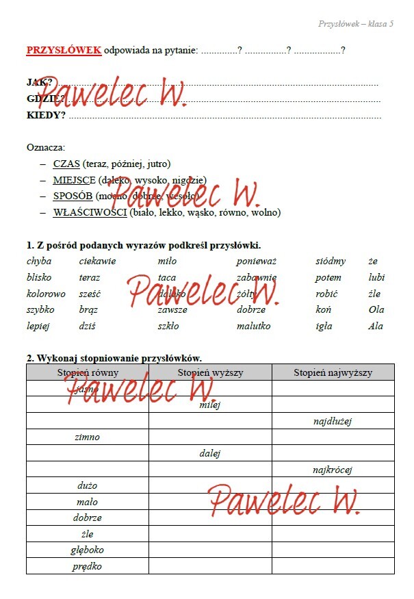 PRZYSŁÓWEK stopniowanie - karta pracy, sprawdzian, kartkówka - kl. 5