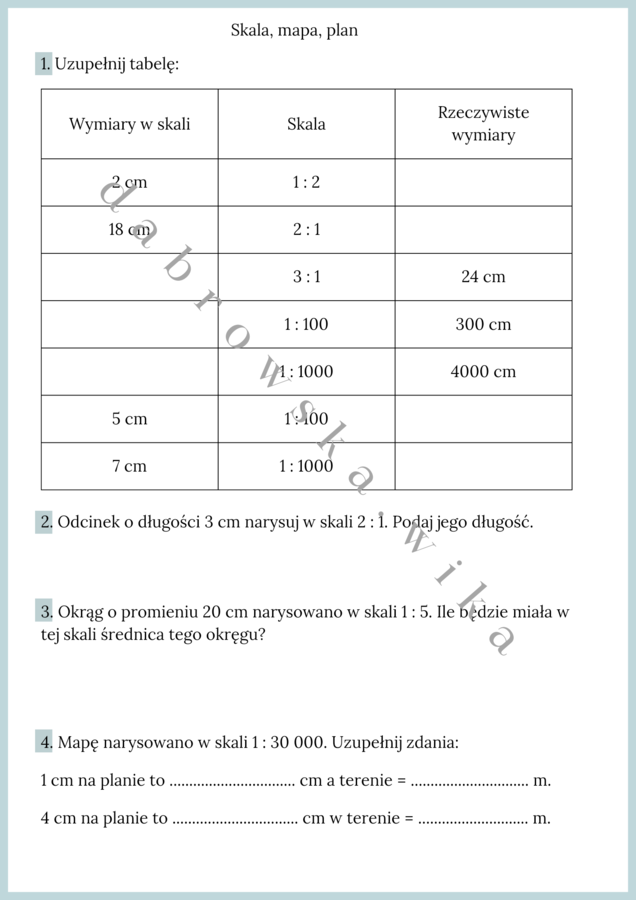 Skala, mapa, plan - karta pracy