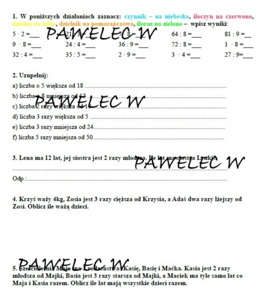 DZIELENIE i MNOŻENIE - karta pracy, kl. 3 (ile razy więcej/mniej)