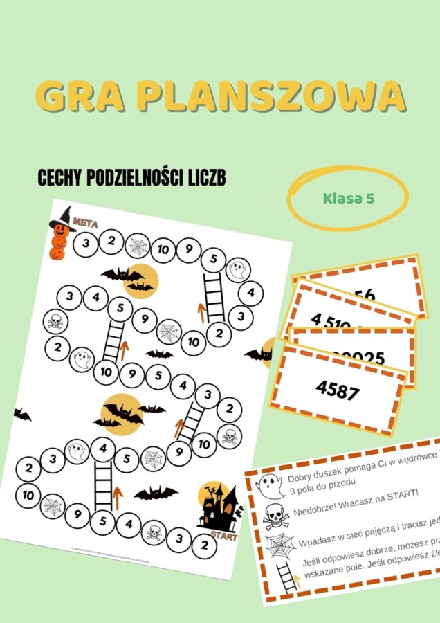 Cechy podzielności liczb, klasa 5, gra planszowa, halloween, egzamin ósmoklasisty