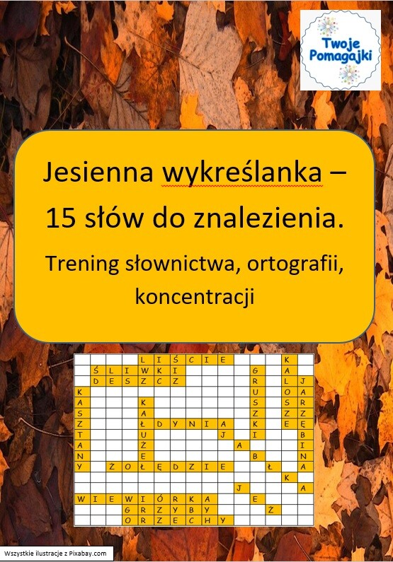 Jesienna wykreślanka- 15 słów, trening słownictwa, ortografii, koncentracji