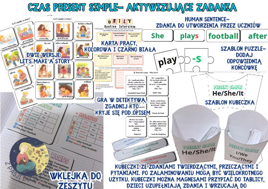 Aktywizujące zadnia na lekcję, czas Present Simple dla klas 4-8 szkoły podstawowej.