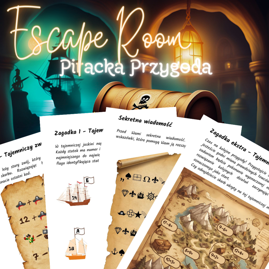 Piracki Escape Room (klasa 1-2), dodawanie, odejmowanie, łamigłówki, szyfr, koniec roku, początek roku, powrót do szkoły