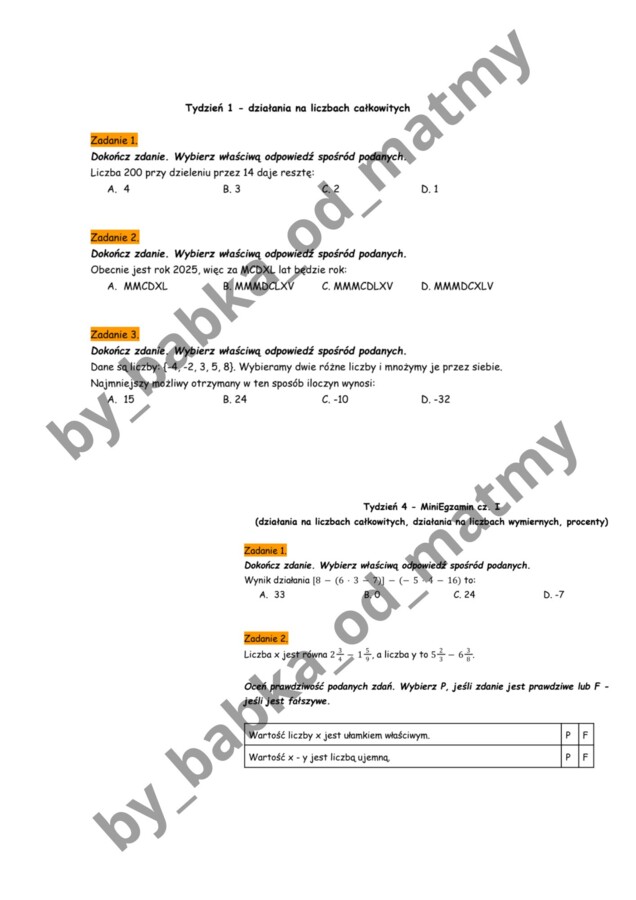 Zeszyt przygotowań do E8 z matematyki - działania na liczbach całkowitych, wymiernych, procenty