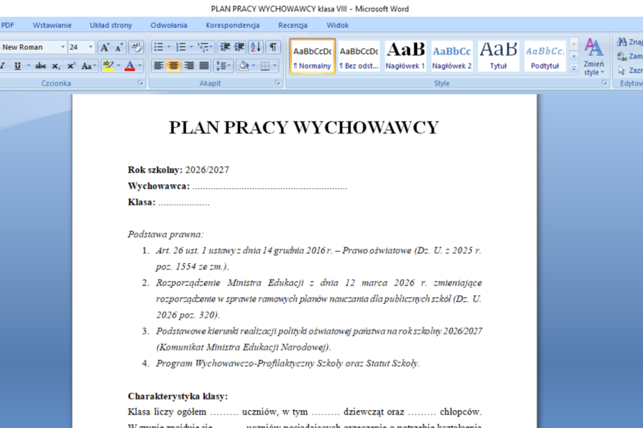 PLAN PRACY WYCHOWAWCY zgodny z MEN2026/2027- klasy IV, V, VI, VII, VIII