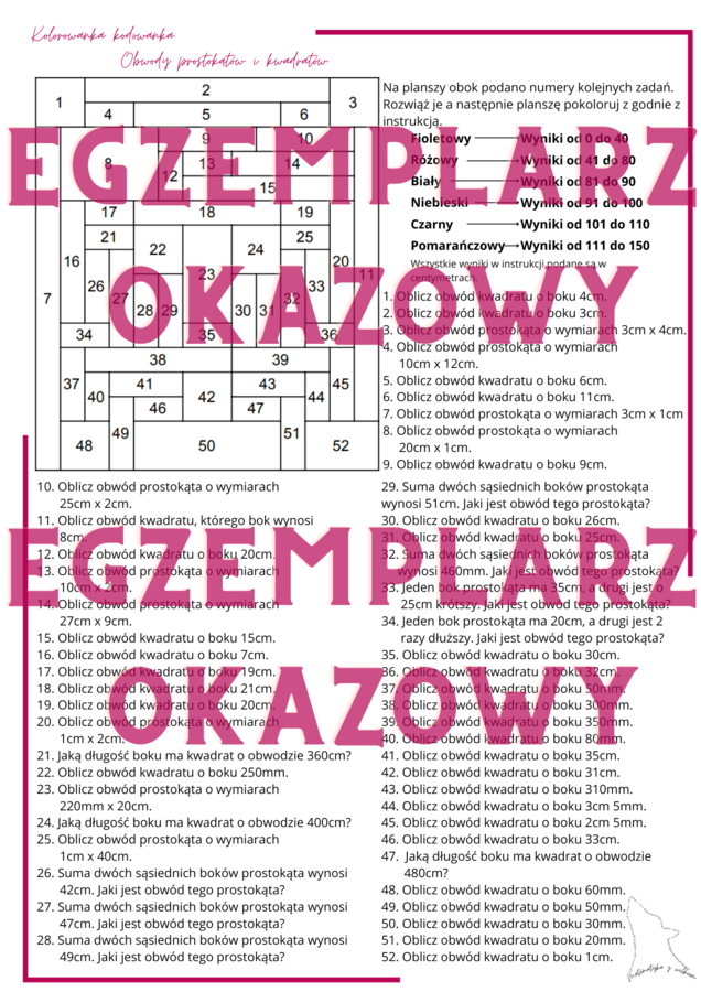 Kolorowanka kodowanka - obwody prostokątów i kwadratów