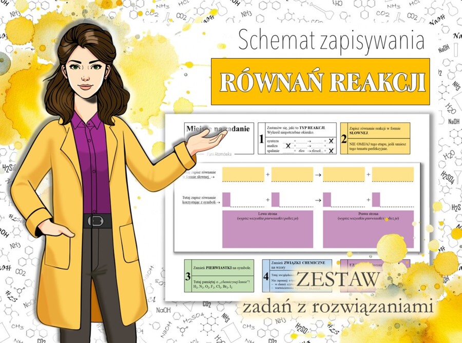 Klasa 7. Chemia. Zapisywanie równań reakcji chemicznych. Równania reakcji. ZESTAW. Karta pracy. Zadanie. Ćwiczenia. Stacje zadaniowe. Praca na lekcji.