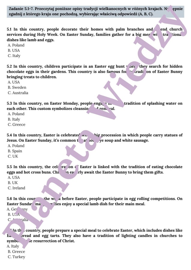 WIELKANOCNA KARTA PRACY- EASTER WORKSHEET_KLASY 4-8: SŁOWNICTWO WIELKANOCNE, ZWYCZJE POLSKIE I BRTYJSKIE, QUIZ O ZWYCZAJACH WIELKANOCNYCH NA ŚWIECIE + ODPOWIEDZI