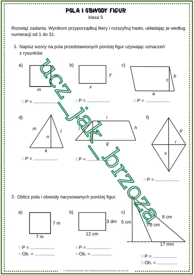 Pola i obwody figur, karta pracy z hasłem, klasa 5, praca w klasie, edukacja domowa