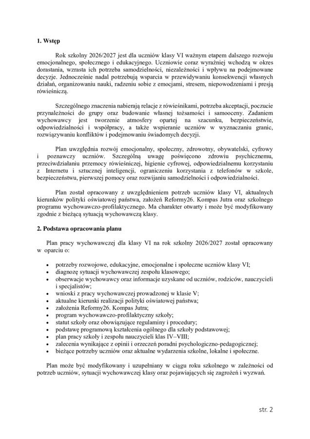 PLAN PRACY WYCHOWAWCZEJ dla klasy VI na rok szkolny 2026/2027